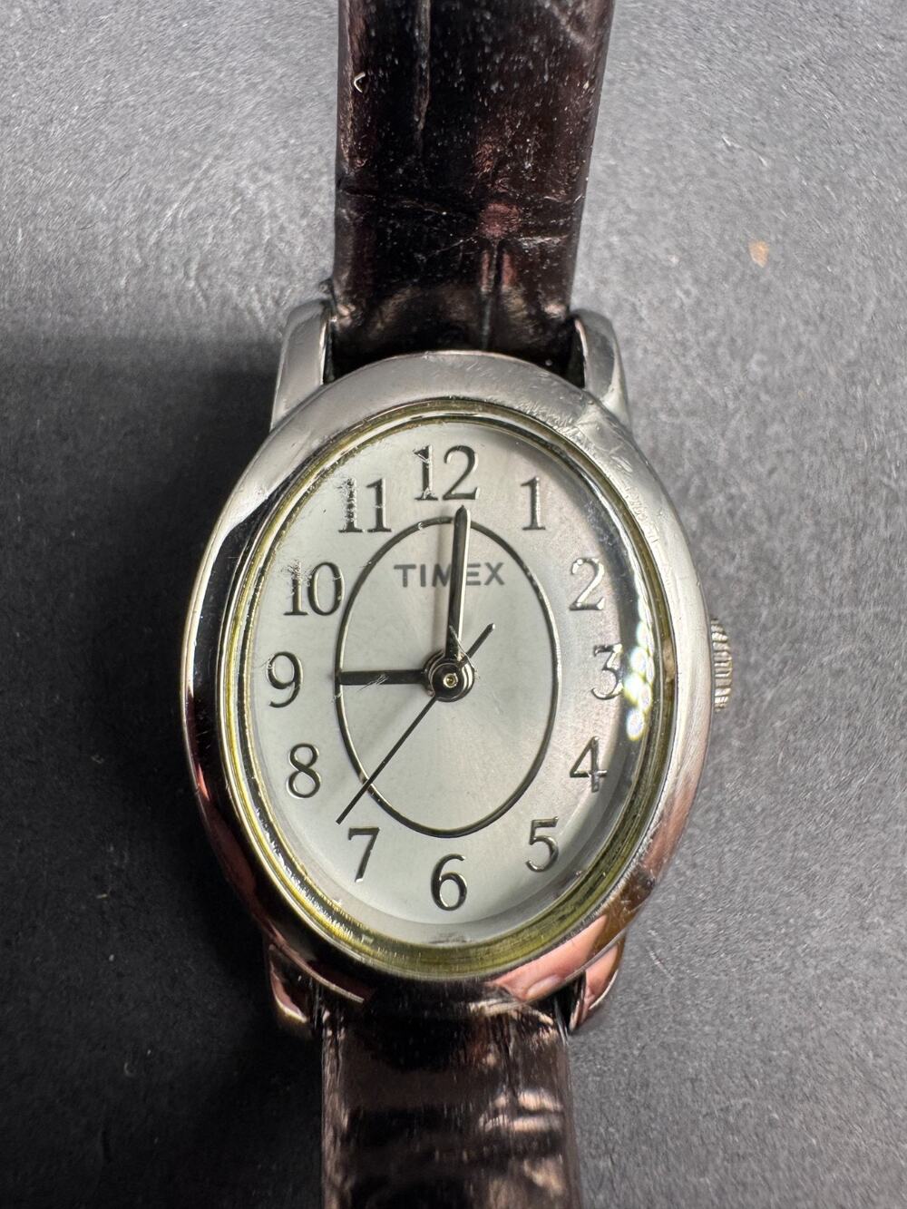 Timex Cavatina Ladies Watch 18mm Silver Tone Oval Dial Brown Leather Band
